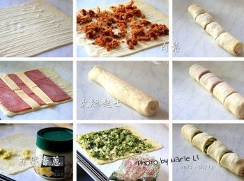 step2: 取一份麵糰先來製作用來烘烤的鹹麵包 準備<span class="group_1">食材</span> (鹹料)： 香蒜醬、蔥末、海苔酥：酌量 起士、火腿：酌量 沙拉、肉鬆：酌量 先將麵糰再等分成三份 (要做三種口味) 每一份都如圖先擀成長方形麵皮 依序加入餡料並將麵皮捲起來，尾端收合 每種口味的麵捲都等切成四份 合計就會有十二段小捲