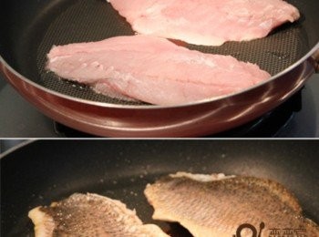 step1: 平底鍋加入少許油，放入魚片帶皮的那面先貼鍋面煎至焦香後翻面續煎，至魚肉那面也煎香後取出。