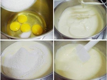 step3: 雞蛋和砂糖放入攪拌盆立即用攪拌器打發 (糖和蛋接觸後一定要立即打發ˊ如果耽擱太長時間ˊ糖的滲透壓會讓蛋很難打發哦) 先以快速打發ˊ再將速度調整至最低​速ˊ讓整個雞蛋霜更細緻更穩定 (判斷打發是否完成ˊ可用麵糊畫寫8ˊ不會立即沉底就OK了) 然後已經過篩好低粉ˊ玉米粉加入 ˊ 用刮棒輕柔但確實的拌勻ˊ (蛋有確實打發穩定不用害怕它會消泡ˊ但也不要過度攪拌)