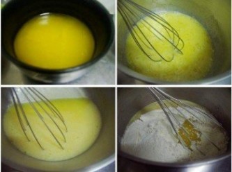 step2: 無鹽奶油先以微波加熱溶化或以隔水加熱溶化備用ˊ 蛋和細糖粉先拌勻ˊ再加入溶化奶油拌勻ˊ然後加入鬆餅粉再次拌勻