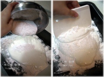 step3: 1.取出後用鐵湯匙馬上用力拌勻，放約2分鐘讓溫度下降一些 2.接著倒入鋪上糖粉的工作檯