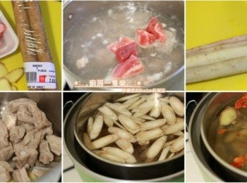 step1: 小排骨洗淨，放入滾水中汆燙約2分鐘後撈起，以清水沖去表面雜質，連同薑片一起放入10人份的大同電鍋內鍋中備用。