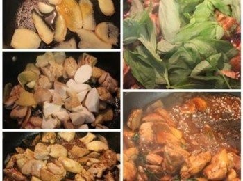 step2: 用麻油爆香薑片/蒜頭後, 下雞腿肉與杏鮑菇炒至雞肉表面上色