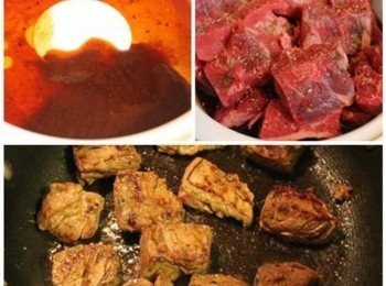 step2: 將A1醬/米酒/醬油攪拌均勻, 與切好的牛肉塊/義式綜合香料一起醃30分鐘