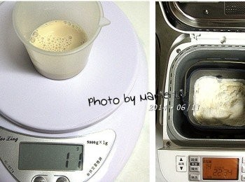 step2: (Panasonic SD-BMS105T Mode14 麵包麵糰模式)

首先將材料 (1)~(6) 全放進麵包機容器中
酵母粉先溶解於10g的溫水(30~35度左右)中
再一起倒進麵包機容器裡
選擇模式為 Mode14 《麵包麵糰》模式
按下《開始》鍵讓麵包機進行揉麵工作

※ 酵母粉最後放是為了怕跟鹽相碰觸影響發酵
※ 將酵母粉先以 10g 的溫水溶解以喚醒沉睡中的酵母