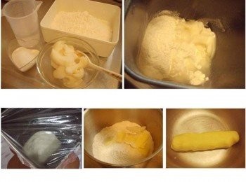 step1: 步驟1油皮所有材料用麵包機揉麵功能完成ˊ鬆弛20~30分鐘備用ˊ 油酥部份用手壓切方式抓勻成團備用