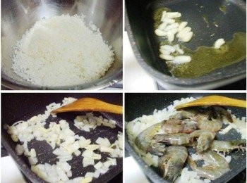 step3: 先將米洗淨ˊ熱鍋後加入鮭魚油1.5大匙ˊ然後依序炒香蒜片和洋蔥ˊ 接著擺入大白蝦拌炒出香氣