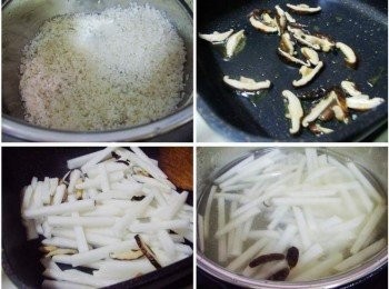 step2: 步驟2先將米依平時清洗方式洗淨ˊ瀝除水份備用ˊ 取一鍋子ˊ加入油1大匙ˊ先將泡軟切絲的香菇爆香ˊ 接著加入切成條狀的白蘿蔔ˊ略為拌炒(可除掉蘿蔔的生澀味) 然後將洗淨的米ˊ和拌炒過的香菇和蘿蔔ˊ一起放入快鍋內鍋中。