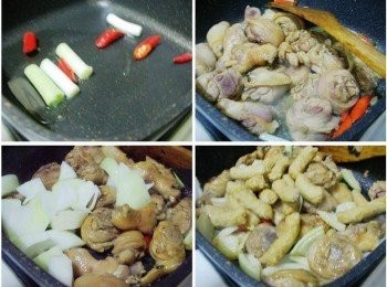 step5: 步驟5A熱鍋後加入少許油先爆香蔥白和辣椒ˊ B接著加入醃漬入味的雞腿肉ˊ拌炒至表面金黃焦香ˊ C然後加入洋蔥炒出甜味和香氣ˊ D接著再放入小黑輪拌勻入味