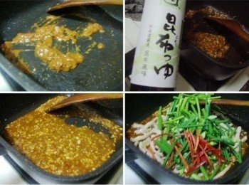 step3: 原鍋再添入油1大匙ˊ將辣豆辦醬炒至香味溢出也油亮ˊ 接著加入薑末ˊ蒜末拌炒均勻ˊ然後加入淬釀日式和風醬油露昆布口味1茶匙ˊ 酒釀1大匙ˊ及酌量的水煮滾ˊ醬汁滾後再將步驟2肉絲回鍋並擺入韭菜花