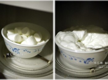 step2: 1.放入微波，先小火30秒後。取出、拌勻再繼續30秒 2.連續2~3次，直到綿花糖膨脹過後都溶化