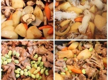 step2: 同一鍋, 將馬鈴薯, 洋蔥, 紅蘿蔔, 蘑菇炒香後, 加入<span class="group_2">醬汁</span>與蒟蒻麵煮滾