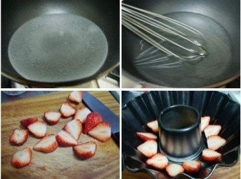 step2: 步驟2A將開水ˊ糖粉與寒天粉攪拌均勻 B移至瓦斯爐上用中小火加熱ˊ 要邊加熱邊攪拌ˊ確保寒天粉完全溶解ˊ然後放著讓它稍為降溫 C利用等待時間將草莓清洗擦乾水份ˊ再切半處理 D準備適合模型ˊ將草莓均勻鋪排上