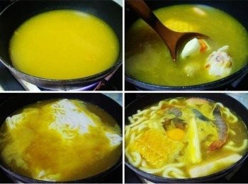 step3: 將稀釋後咖哩高湯連同火鍋料煮沸ˊ接著擺入烏龍麵ˊ 烏龍麵約7~8分熟時再加入蝦子ˊ並打入雞蛋續煮1~2分鐘