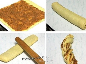 step4: 在麵皮上塗抹滿滿的花生醬 尾端預留五公分不要塗抹 將麵皮捲起來至尾端做輕壓收合 再以擀麵棍輕輕將麵糰擀成長條狀 其實，失智症上身的我腦子一片空白 臨時也想不出是要做成怎樣的型好 於是順著感覺就將它做成了麻花狀