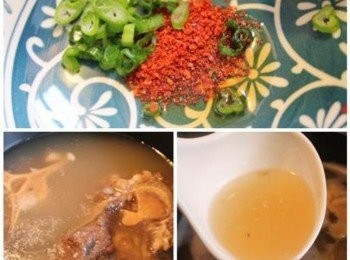 step6: 喜歡吃辣的朋友, 可以在碗中加入1/2小匙麻油, 1小匙韓國辣椒粉, 與一把蔥花. 取小鍋, 加熱適量的高湯與牛肉, 用鹽巴調味後, 沖入碗中即完成