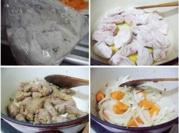 step2: 2.準備一袋子或容器ˊ放入酌量麵粉ˊ將牛肉均勻裹上麵粉(薄薄一層即可) 3.鍋內放入1大匙無鹽奶油加熱溶化ˊ然後將牛肉擺入 4.拌炒至表面均勻上色定型ˊ然後先盛盤備用 5.用原鍋炒香洋蔥和紅蘿蔔