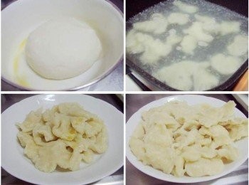 step1: 先將<span class="group_1">自製麵疙瘩材料</span>揉成團ˊ然後醒一下ˊ 鍋內煮滾水將麵團掰成片狀下鍋煮至略為浮起ˊ 然後撈起滴少許油防沾黏備用