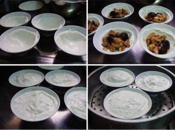 step7: 準備適合容器或飯碗ˊ用飯匙取適量完成的<span class="group_1">粉皮材料</span> 塗抹上一層ˊ然後擺上完成餡料ˊ再覆蓋上一層<span class="group_1">粉皮材料</span> 電鍋外鍋米杯水1杯ˊ完成略悶3~5分鐘