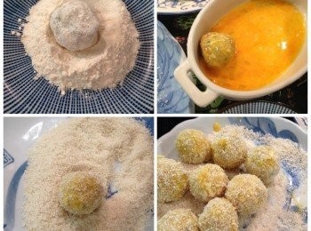 step8: 再依次序將薯泥球沾上麵粉、蛋汁和麵包粉。
