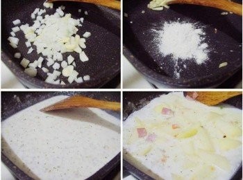 step3: 用原鍋再加入少許油ˊ炒香洋蔥和蒜片ˊ然後撥至鍋邊ˊ 接著加入麵粉1大匙炒香ˊ然後加入鮮奶和酌量開水拌勻煮滾ˊ 接著加入乾燥巴西利1/4小匙ˊ黑胡椒1/4小匙ˊ蒜香粉1/4小匙ˊ 並將步驟2回鍋一起煮滾ˊ 煮滾後改以中小火持續悶煮約10分鐘ˊ 讓馬鈴薯完全熟透ˊ過程要留意並隨時翻拌ˊ以免焦鍋