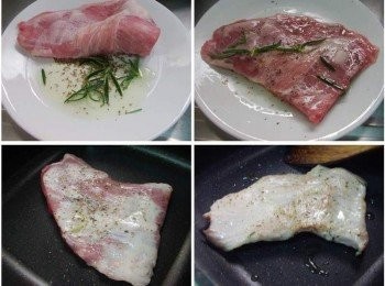 step3: 松阪豬肉以1大匙橄欖油、義大利綜合香料ˊ新鮮迷迭香稍微醃漬， 再放入鍋中煎至兩面均勻上色。