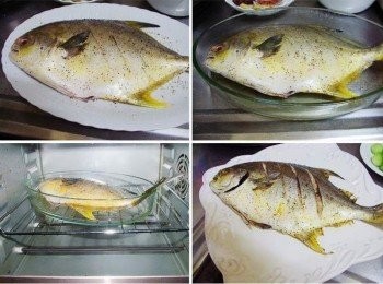 step5: 接著將<span class="group_2">調味A</span>海鹽ˊ黑胡椒ˊ橄欖油在魚身雙面均勻抹上ˊ 烤盤底也抹上酌量橄欖油ˊ然後擺入金鯧魚ˊ 放入已經事先預熱好的烤箱200度c烤30~35分鐘ˊ完成取出擺盤備用