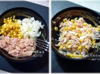 step1: 洋蔥切丁後，把玉米粒、洋蔥丁、鮪魚拌勻在一起