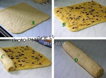 step3: 人家說佛要金裝、人要衣裝 就算最後還是要裝進肚子裡的吐司 還是會希望能做出一個有著美美外表 讓人垂涎不止、食指大動的吐司來 所以現在就要開始來為吐司做造型了。 這次整型是參考網路上學來的作法 先取出一個麵糰將之擀成方形 在麵糰上塗滿事先做好的地瓜餡料 捲成蛋捲狀，將尾端稍作捏合避免散開