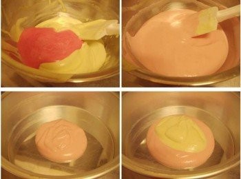 step5: 然後取一半完成的麵糊和調好的草莓粉水再次拌勻， 最後將攪拌好的兩盆麵糊，用大湯匙舀起，交替加入戚風模中， 直至麵糊用完。