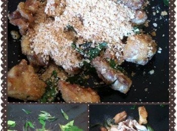 step3: 起新鍋加入牛油煮溶，加入咖哩葉辣椒丁爆香，順序加入炸好的雞塊和篩好的糖分炒翻，然後大火再加入其餘的麥片快速炒翻即可。