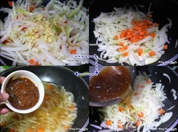 step5: 炒鍋熱鍋之後，倒入適量的橄欖油，先將洋蔥炒軟至香味釋出後
再加入紅蘿蔔丁炒熟，接著倒入清水或是高湯（半淹洋蔥的量即可）
再倒入黑胡椒醬，煮至滾沸