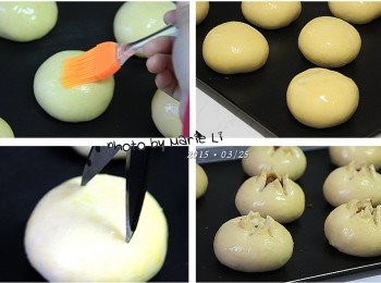 step5: 發酵好的麵糰先在表面刷上一層蛋液
拿料理剪刀在麵糰上方剪出一個十字開口
肉鬆就會隨著切口蹦開而顯露出來
即可放入事先預熱好的烤箱中烘烤了。

※剪刀落下剪裁後立即將剪刀往上提升，麵糰就會跟著被提起來成為尖頂狀