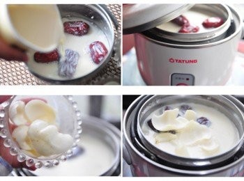step2: 先將白米洗淨(煮熟的米飯也可)連同清漿、紅棗、山藥放入內鍋，外鍋放入接近8分滿水位(約250cc)開始燉煮，電源跳起後，放入百合繼續燉煮(外鍋再加入約50cc冷水)燉煮至電源跳起調味即可