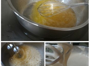 step4: 把步驟(3)坐水加熱及用手動打蛋器不停攪拌直至蛋液溫度達40℃後離火再用電動打蛋器打發至蓬鬆並有清晰紋路及能沾在打蛋器上呈三角形而又不易滴落。