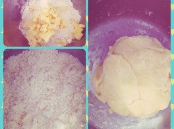 step1: Tart皮：1..  麵粉、鹽和糖混合均勻，加入切小粒的冷凍牛油，用手捏成麵皮糠形狀，加入水揉成團，用保鮮紙包好，放入冰箱冷藏鬆弛30分鐘至1小時。