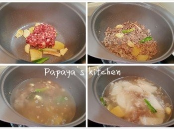 step2: 蘿蔔肉碎湯 : 先用少少油炒香薑片, 蒜頭, 蔥頭, 再加入肉碎炒至鬆開, 然後加入熱水和切件的蘿蔔, 煲至蘿蔔軟身, 最後用鹽調味後熄火, 打蛋白花, 即成!
