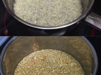 step2: 炸鍋中下油，木筷子插入起泡後，下蒜蓉炸至金黃，撈起備用