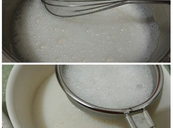 step3: 全脂牛奶、蛋白、鹽、糖和粟粉一起打勻，過篩隔雜物。然後加入已降溫的帶子。