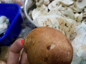 step2: 磨菇清潔後切片。
洋蔥切粒，蒜頭切粒。