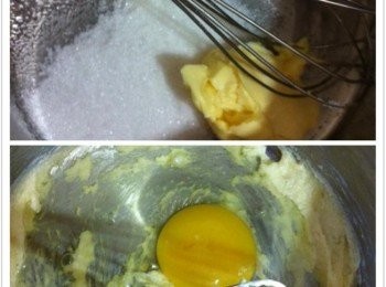 step2: 取出一個較深的碗，把牛油和白砂糖加入攪拌均勻，然後加入雞蛋充分的攪拌至無糖粒。
