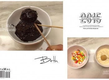 step5: 自冰箱取出蛋糕球，將棒棒糖棍子插入蛋糕球，蘸上黑巧克力醬、白巧克力醬