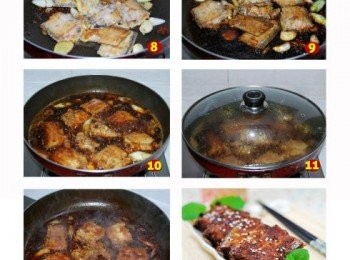 step3: 放入炸好的帶魚塊兒，不要翻動。此時放入白糖、老抽、醬油、醋（可以多放些）、鹽。倒入開水，水面摸過帶魚即可，蓋上鍋蓋中火燉煮20分鐘。20分鐘後掀開鍋蓋，大火收汁，即可出鍋！