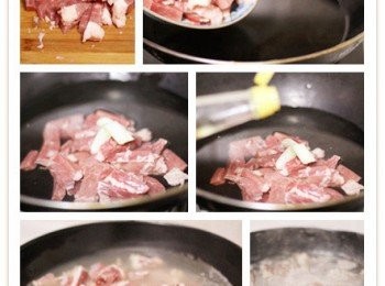 step1: 牛肉洗淨後切成比手指細的條；涼水下鍋，放入料酒焯制；將焯好的牛肉另起一鍋，下入牛肉條，分別放入鹽、醬油、糖、蔥薑蒜、香葉、花椒、大料、桂皮大火燒開後轉小火煮25分鐘；