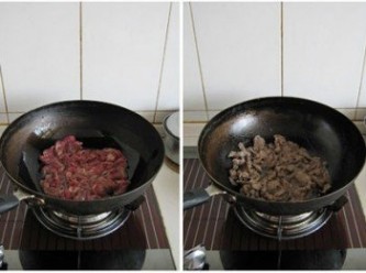 step3: 炒鍋燒熱到用手置於上方能感覺到明顯的熱氣，然後放入適量油，放入羊肉片迅速滑散，炒到肉片變色後盛出；