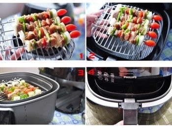 step5: (圖1)再將串燒擺上飛利浦氣炸鍋雙層串燒架上 (圖2)置放於炸籃中 (圖3、圖4)往氣炸鍋鍋身推進關上