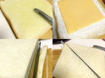 step2: （芝士口味 ）
拿出4片方包
第1片抹美奶滋，放上蛋片。
第2片也抹上美奶滋，美奶滋那面蓋住蛋片，另一面抹上淡忌廉，
然後放上芝士片。
第3片 抹上淡忌廉，忌廉那面蓋住芝士片，另一面抹上美奶滋，美奶滋那面蓋上蛋片。
第4片 一面抹上美奶滋，美奶滋那面蓋上蛋片。
然後切除四條邊，對角切成三角形，即成！