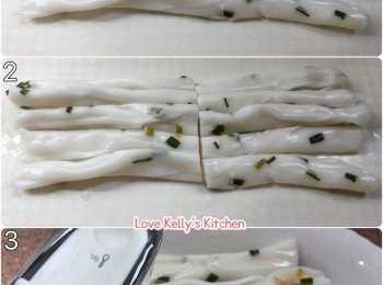 step1: 腸粉切段放碟，淋上1茶匙水；