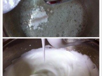 step2: 取出一個較深的碗，蛋白加入，微微的打至起打泡，然後加入糖分，打至蛋白順流下。【如圖一樣】