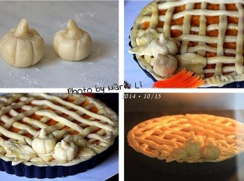 step9: 我做了兩顆小南瓜，還有兩片葉子
用來裝飾我的這個《南瓜派》

完成後在表面刷上一層蛋液
即可送進已預熱好的烤箱中烘烤。


烤箱設定：

第一階段：
上火：         200度
下火：         200度
烤盤放置：     下層
烘焙時間：    10分鐘


第二階段：
上火：         180度
下火：         180度
烤盤放置：     下層
烘焙時間：    20分鐘


※ 每台烤箱的狀況皆不相同，請依自家烤箱的狀況做調整設定。